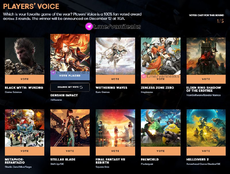 Голосование за Genshin Impact на The Game Awards 2024 ❖ Официально  • __TGEMOJIIMG__https://telegram.org/img/emoji/40/F09F94B9.png|||__ENDEMOJI__ • Проголосовать за Геншин здесь  • __TGEMOJIIMG__https