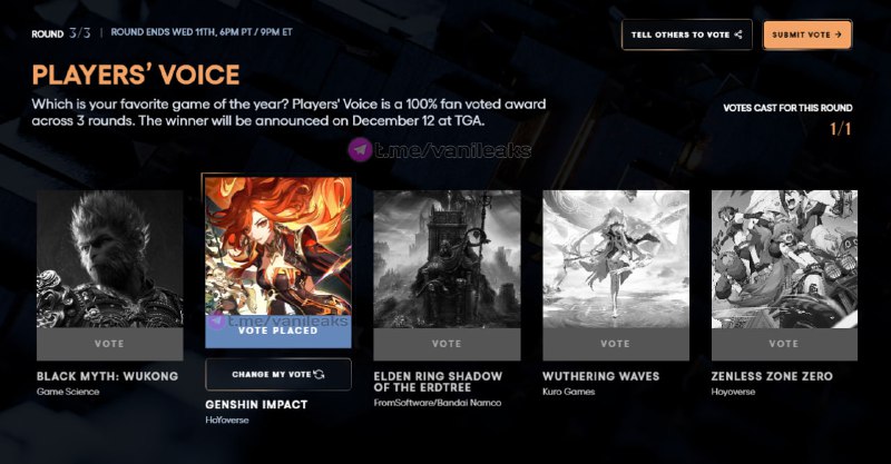 Голосование за Genshin Impact на The Game Awards 2024 ❖ Официально  • __TGEMOJIIMG__https://telegram.org/img/emoji/40/F09F94B9.png|||__ENDEMOJI__ • Проголосовать за Геншин здесь  • __TGEMOJIIMG__https