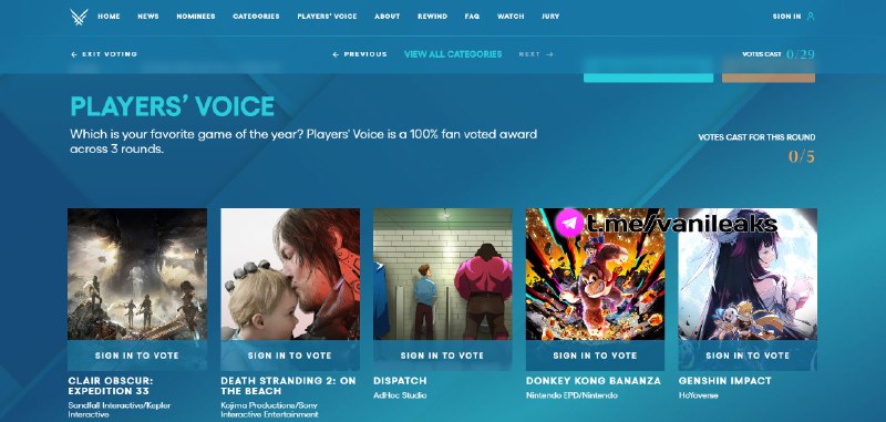 Голосование за Genshin Impact на The Game Awards 2025